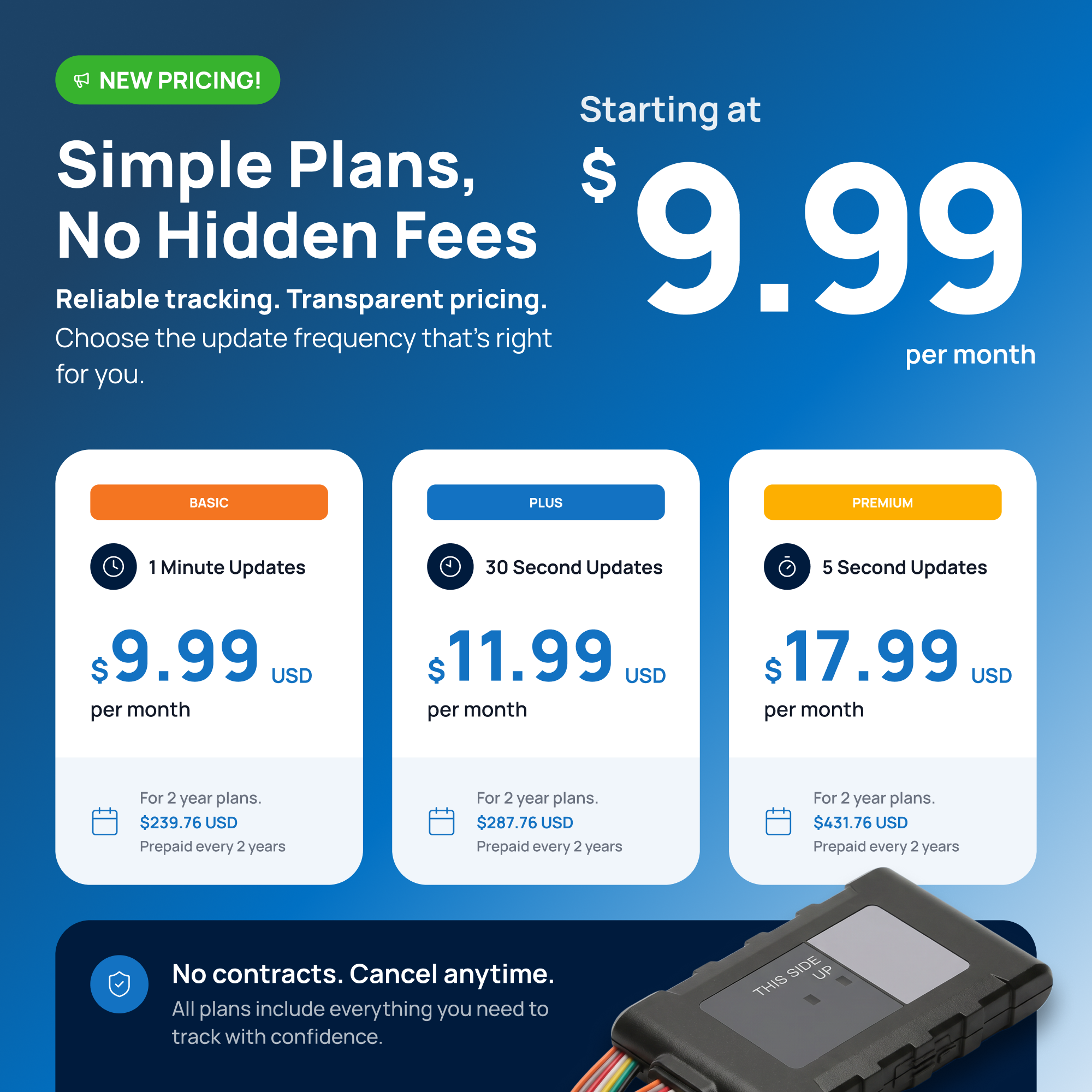 NEW PRICING!  
Simple Plans, No Hidden Fees  
Starting at $9.99 per month  

Reliable tracking. Transparent pricing. Choose the update frequency that's right for you.  

BASIC  
1 Minute Updates  
$9.99 USD per month  
For 2 year plans. $239.76 USD Prepaid every 2 years  

PLUS  
30 Second Updates  
$11.99 USD per month  
For 2 year plans. $287.76 USD Prepaid every 2 years  

PREMIUM  
5 Second Updates  
$17.99 USD per month  
For 2 year plans. $431.76 USD Prepaid every 2 years  

No contracts. Cancel anytime. All plans include everything you need to track with confidence.