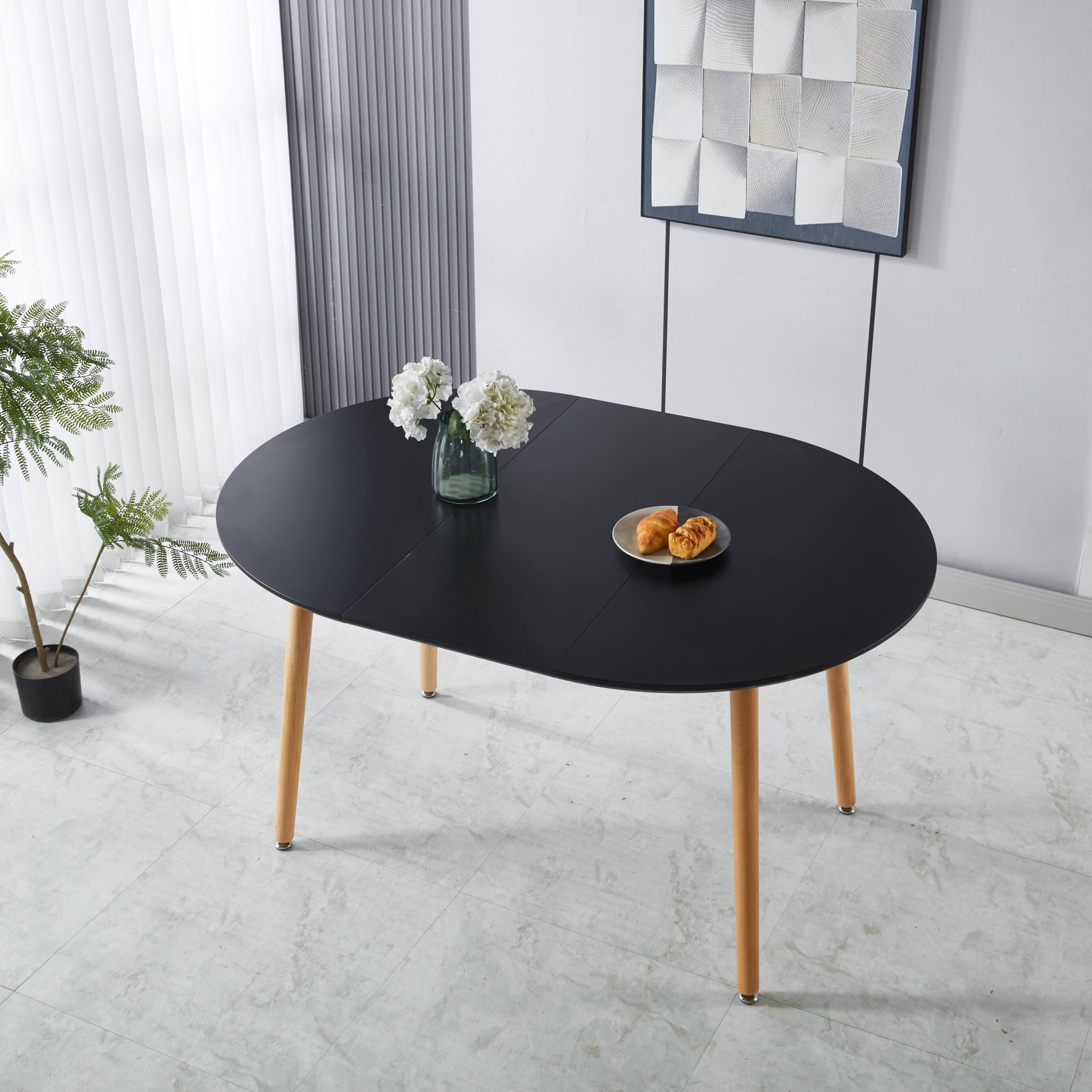 Front. TinyHomie - Extensible Table Wood Leg Mdf Top 100140180X100X75Cm Black For Dining Office - Black.