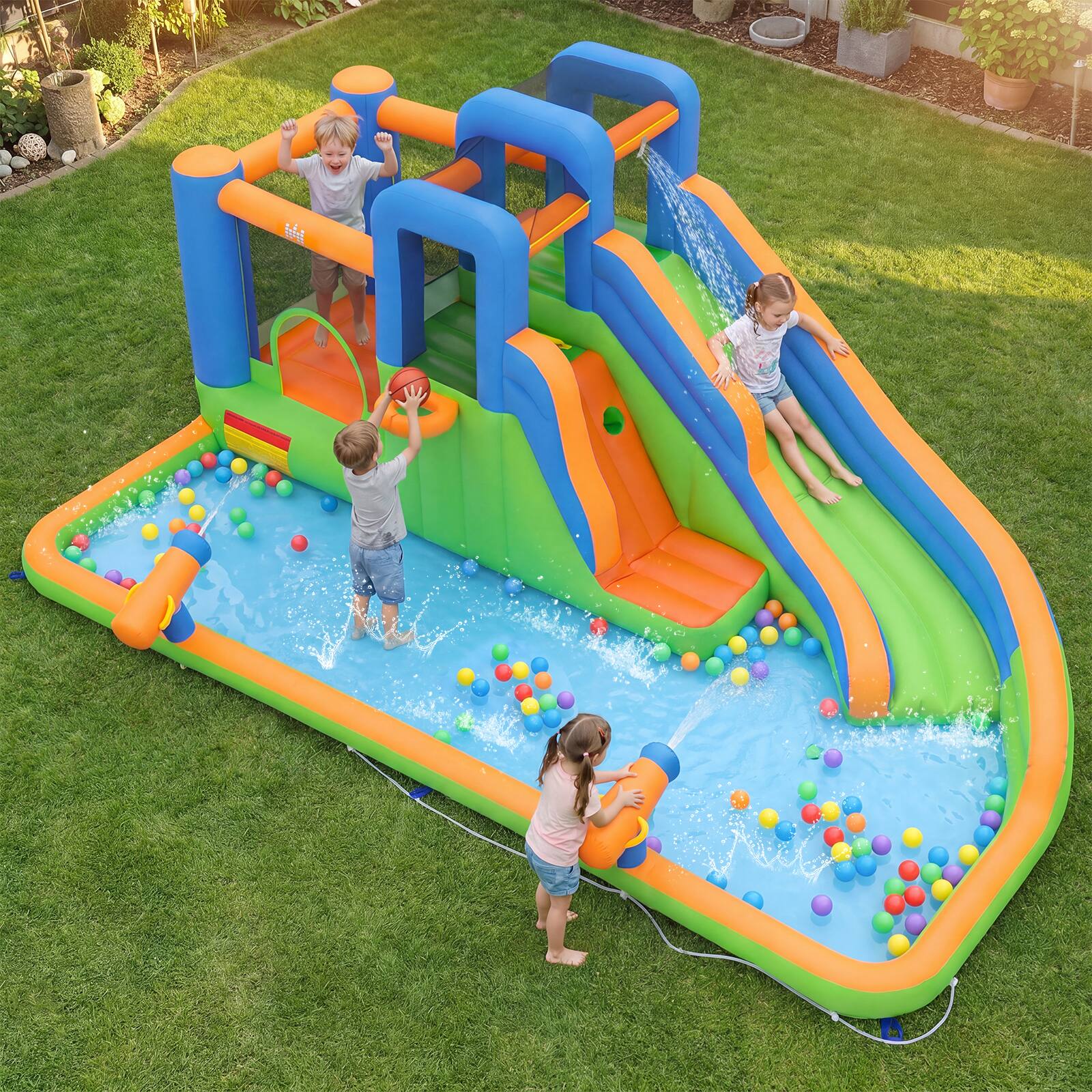 Alt View 1. Costway - Costway Inflatable Water Slide Park with Slide, Jumping Area, Splash Pool, 2 Climbing Walls - Multicolor.
