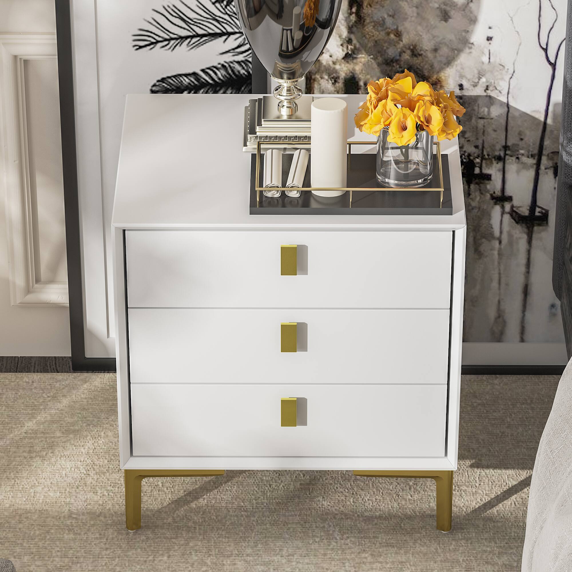 Left. FUFU & GAGA - Luxury 3 Drawer Nightstand Bedside Table with Gold Accents Modern End Table Storage Cabinet for Bedroom Living Room - White.