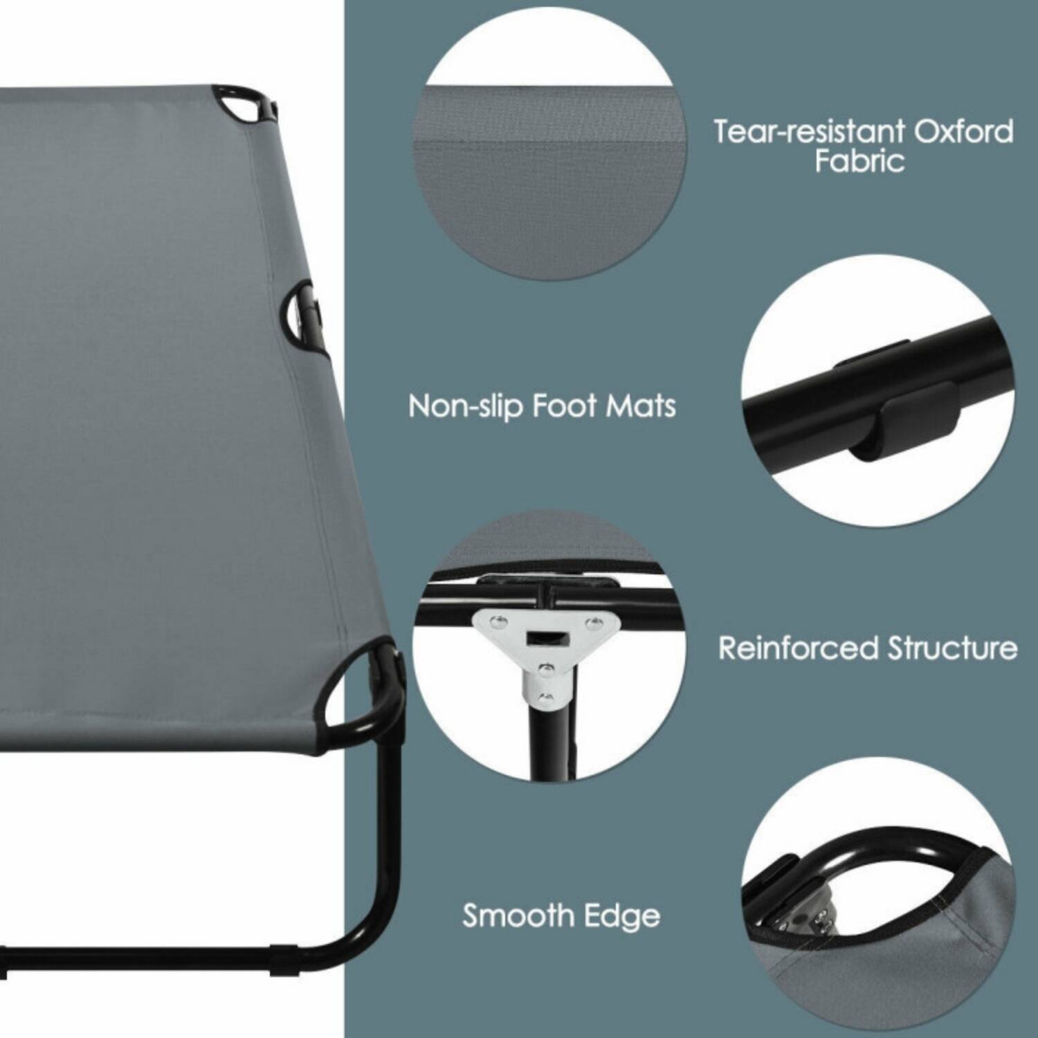 Tear-resistant Oxford Fabric  
Non-slip Foot Mats  
Reinforced Structure  
Smooth Edge