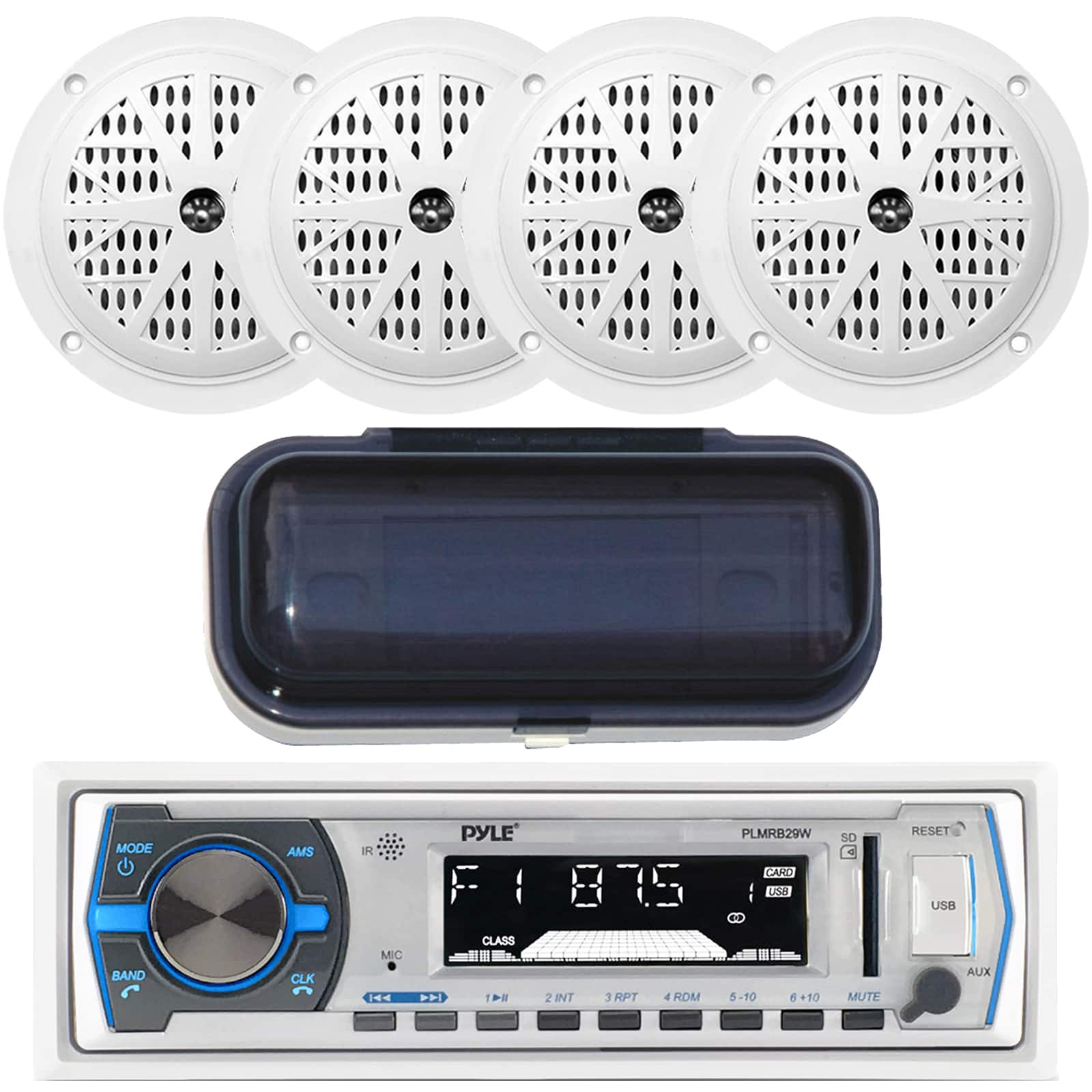 Pyle - PLMRB29W Single DIN Marine Bluetooth Stereo Receiver with Cover, 4x 4" 100W Waterproof Speakers (White)