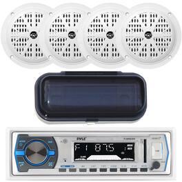 Pyle - PLMRB29W Single DIN Marine Bluetooth Stereo Receiver with Cover, 4x 4" 100W Waterproof Speakers (White)
