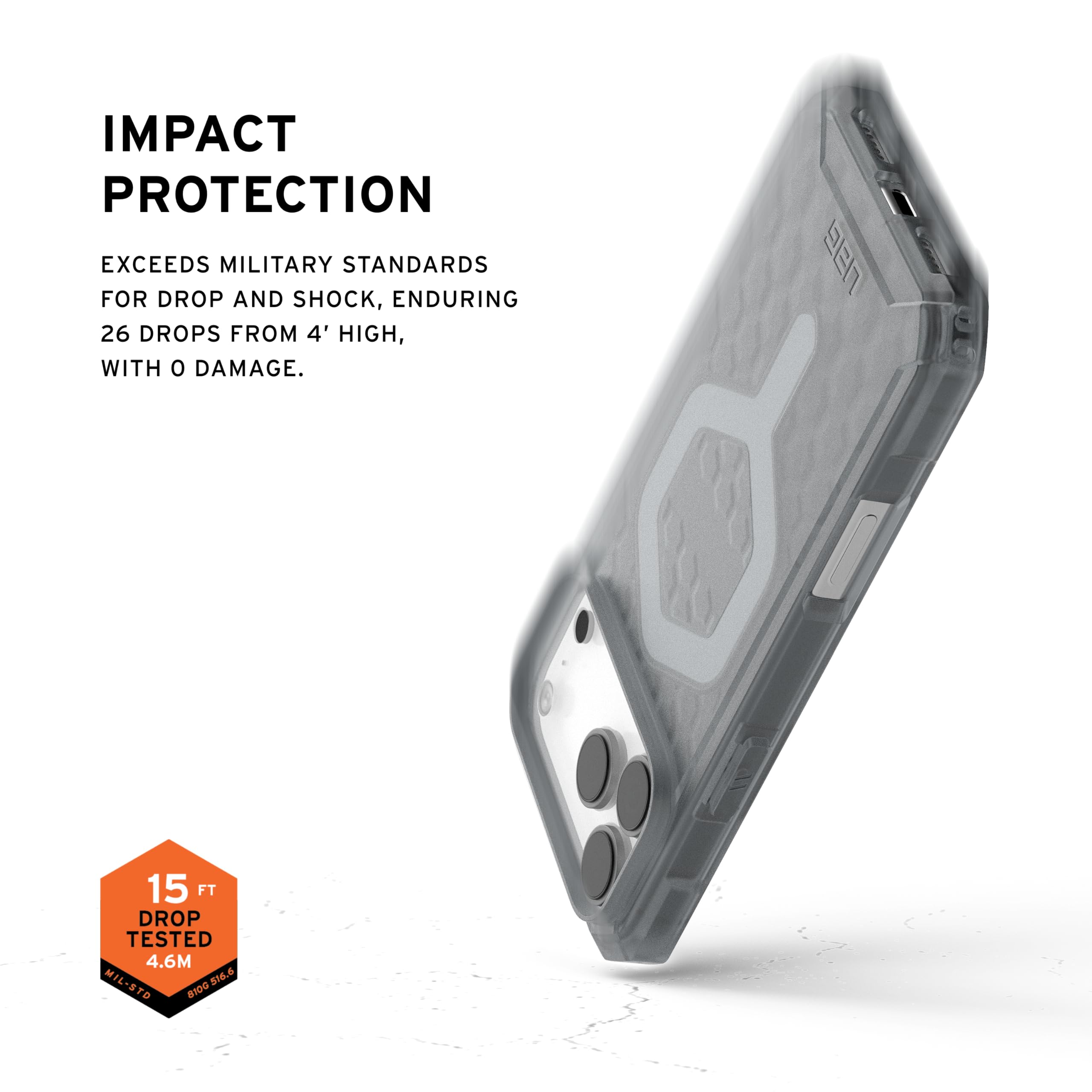 IMPACT PROTECTION

EXCEEDS MILITARY STANDARDS FOR DROP AND SHOCK, ENDURING 26 DROPS FROM 4' HIGH, WITH 0 DAMAGE.

15 FT DROP TESTED 4.6M - MIL-STD 810G