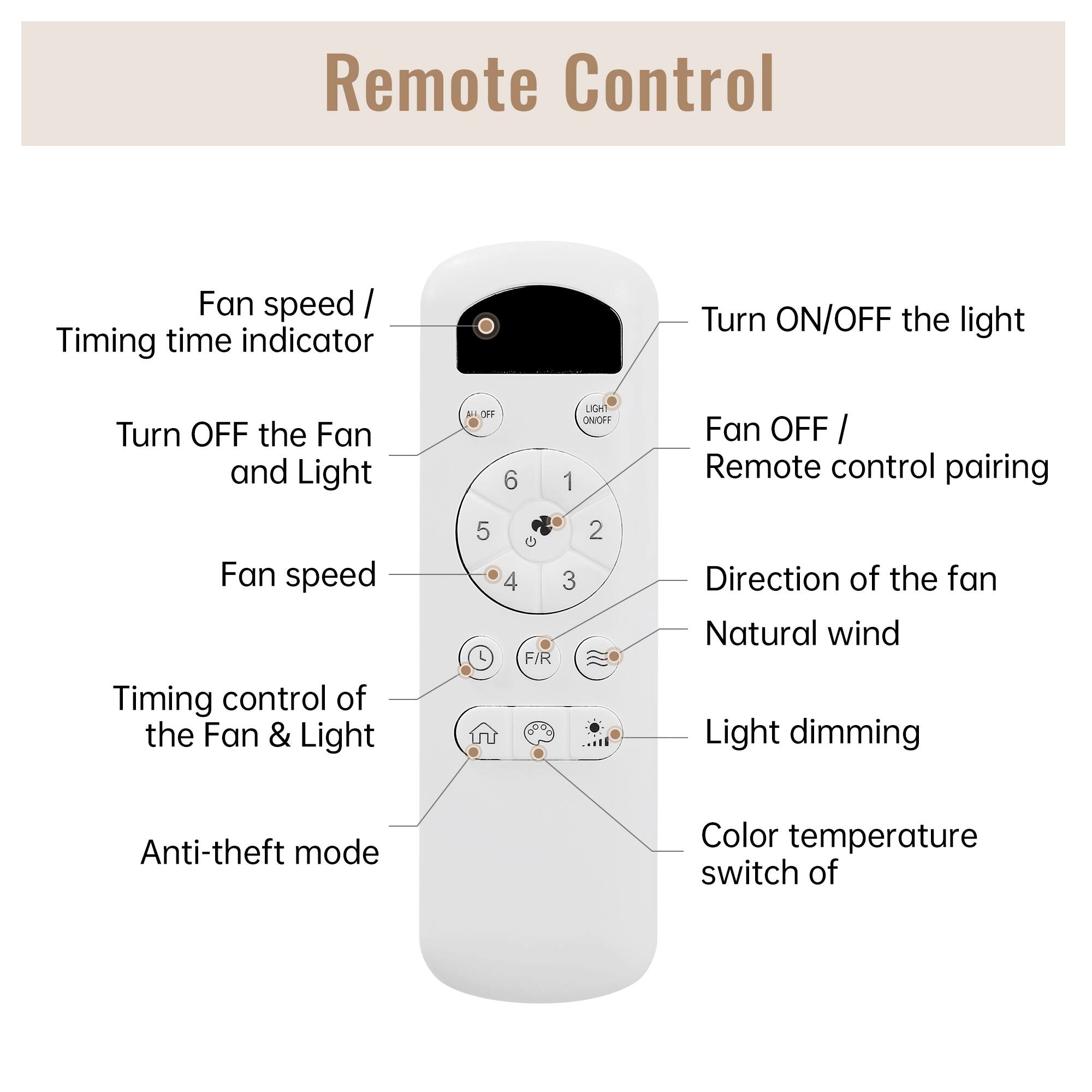 Remote Control

1. Turn ON/OFF the light
2. Fan OFF / Remote control pairing
3. Direction of the fan
4. Natural wind
5. Fan speed
6. Fan speed / Timing time indicator
7. Turn OFF the Fan and Light
8. Timing control of the Fan & Light
9. Anti-theft mode
10. Light dimming
11. Color temperature switch of