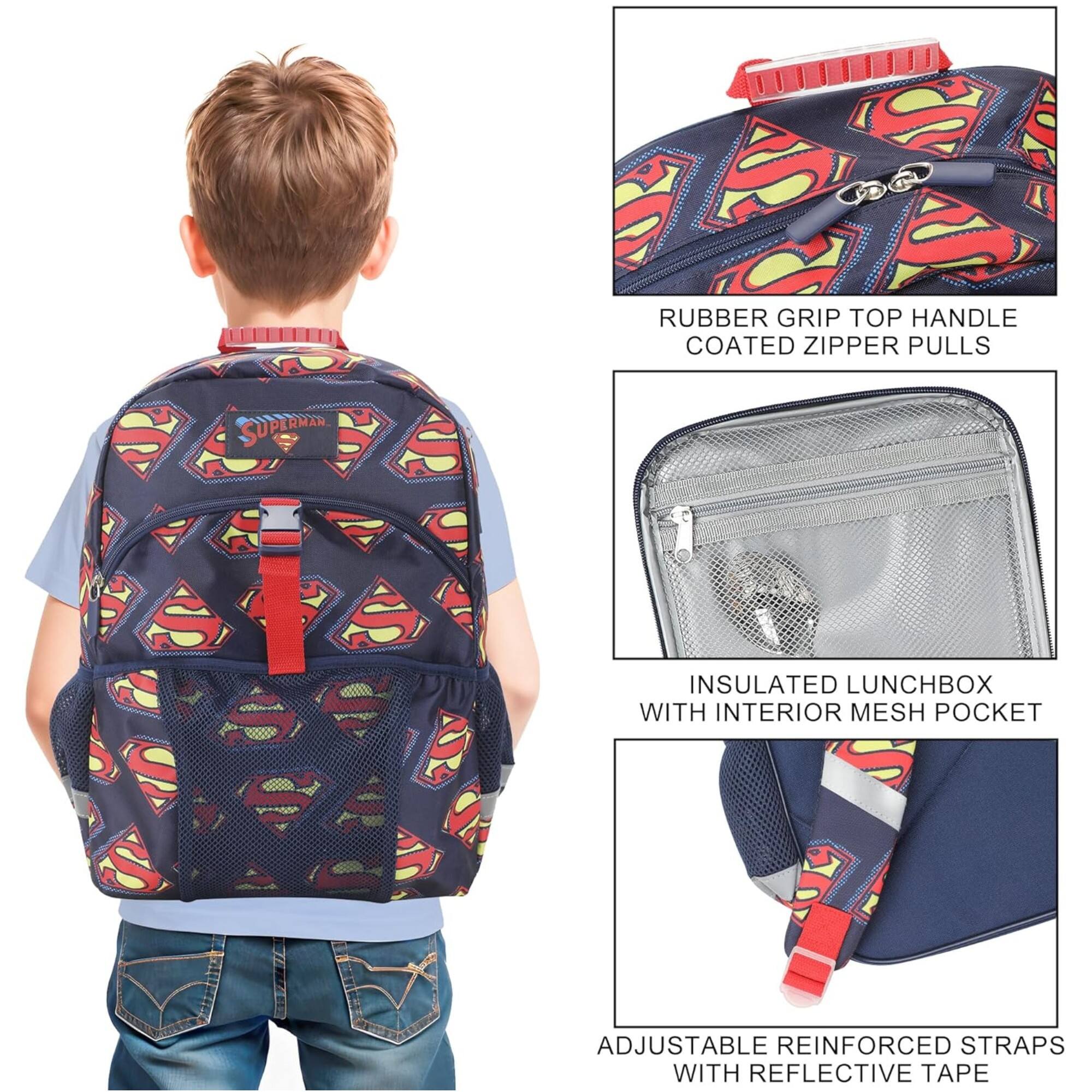 SUPERMAN S P RUBBER GRIP TOP HANDLE COATED ZIPPER PULLS S INSULATED LUNCHBOX WITH INTERIOR MESH POCKET S ADJUSTABLE REINFORCED STRAPS WITH REFLECTIVE TAPE