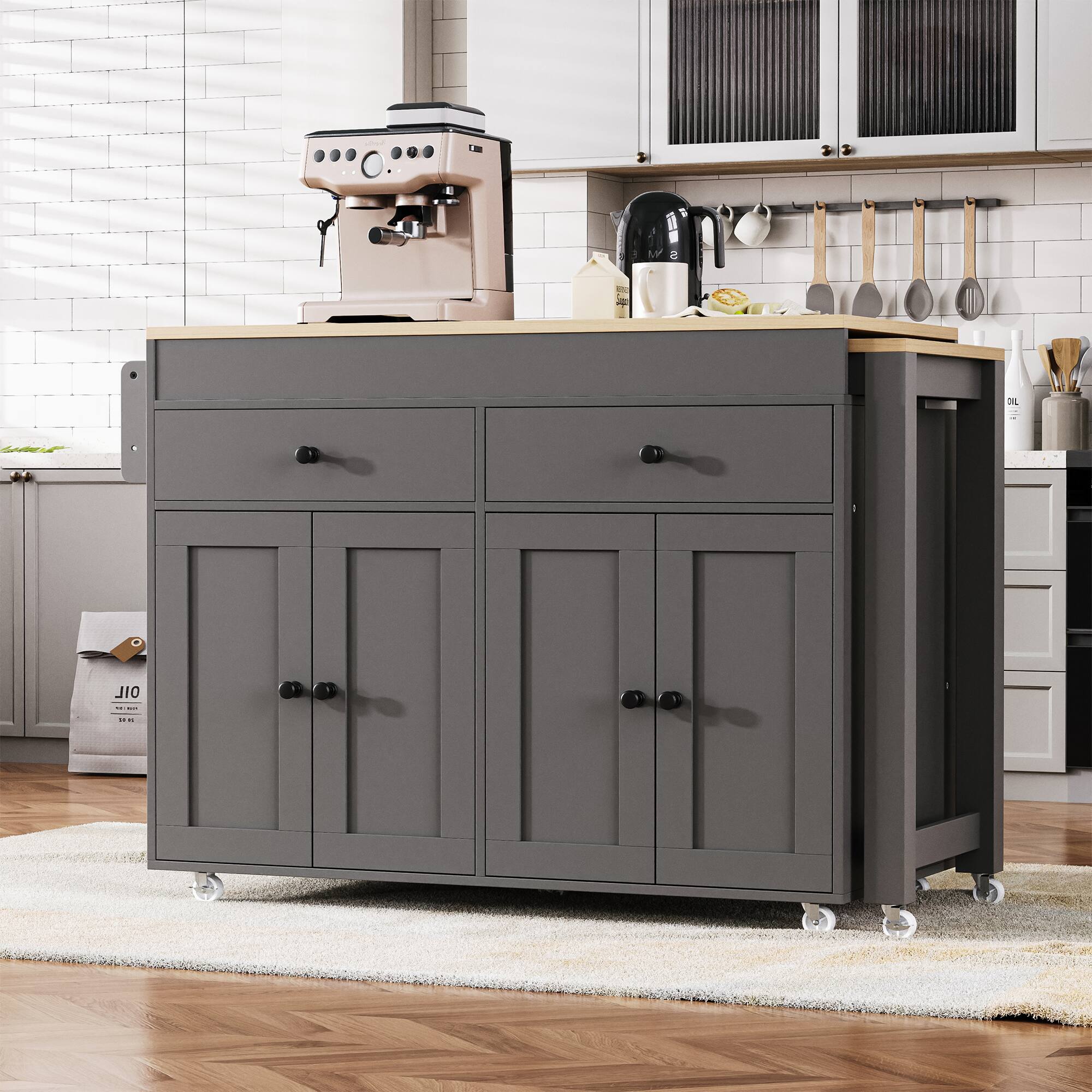Left. Bestier - 74.5 inch Extendable Dining Table , Kitchen Storage Cart on Wheels with Spice Rack and 2 Drawers, for Kitchen, Grey - Gray.