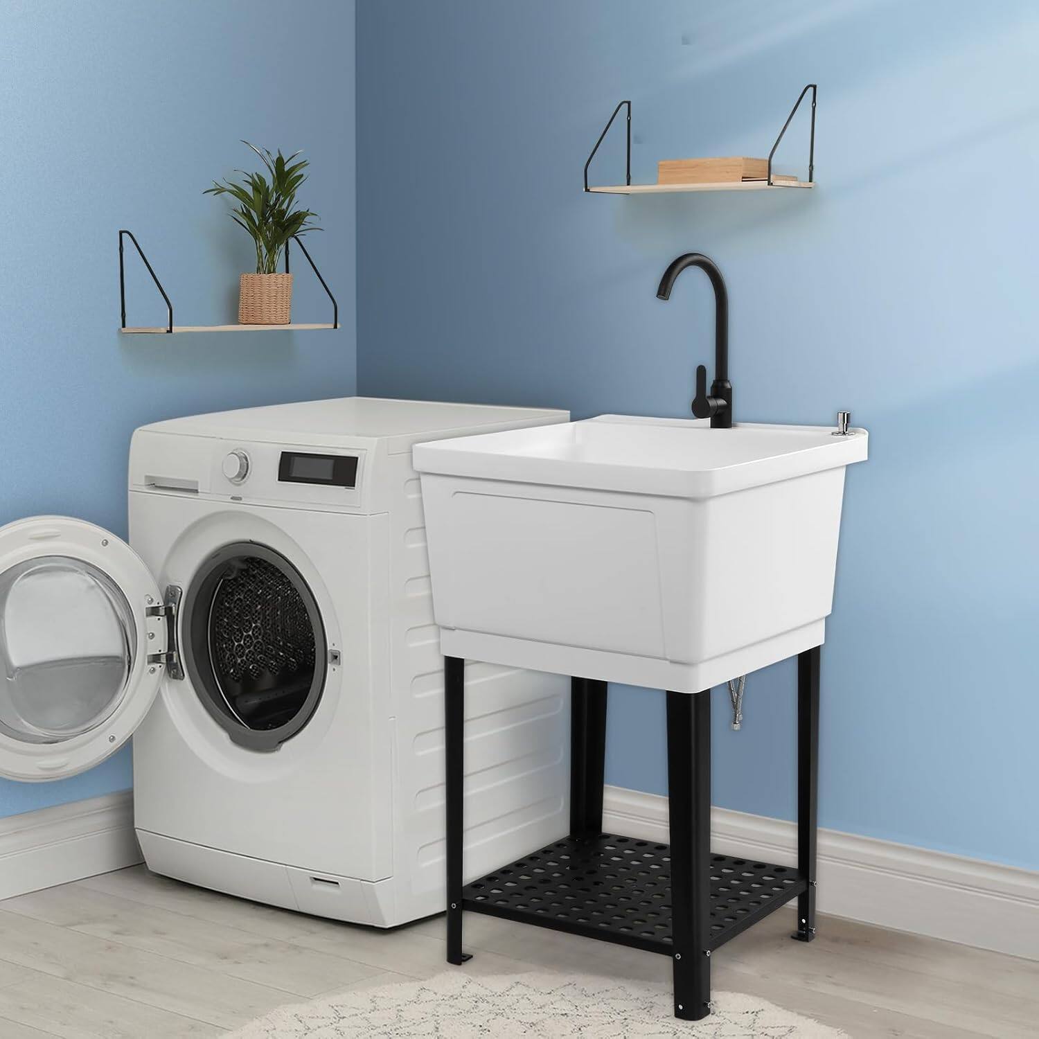 Back. Winado - Plastic Utility Sink Freestanding Plastic Sink with Hot and Cold Water Faucet, Soap Dispenser for Basement Laundry Home - White.