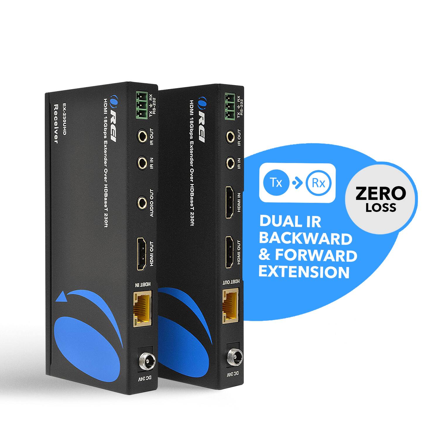 Receiver EX-230UHD HDMI 190bps REI Extender Over HDBaeT 230rt BOP  +X TX RB-232 OUT IR IN O E OUT AUDIO OUT HDMI N LBOH HDMI 18Gbps Extender Over HDDaseT 230f RC D B0 + TE_A_PX : O R OUT i 0 IR IN xT Rx IN ZERO HDM LOSS DUAL IR BACKWARD & FORWARD EXTENSION
