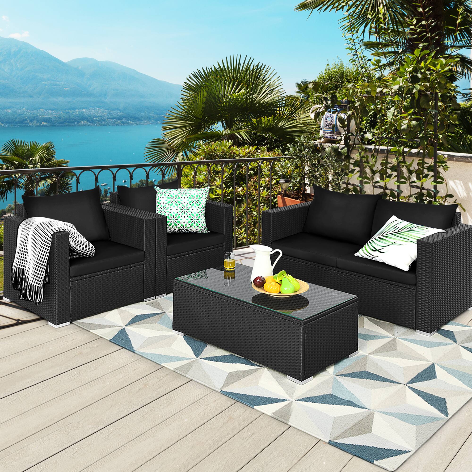 Gymax - 4PCS Rattan Patio Conversation Set Outdoor Furniture Set w/ Cushions - Black