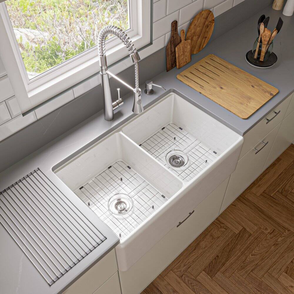 Alt View 1. Alfi - ALFI brand White 33 x 20 Workstation Double Bowl Step Rim Fireclay Farm Sink - White.