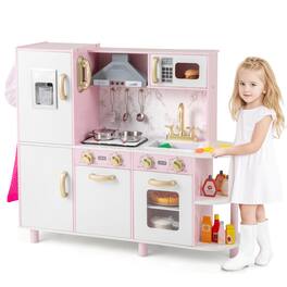Gymax - Kids Kitchen Playset w/ Apron Stoves Hood Oven Ice Maker Microwave Telephone - Pink
