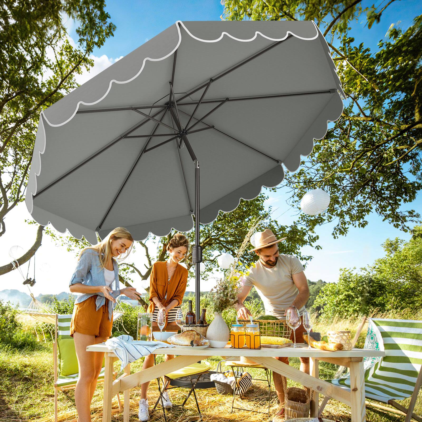 Alt View 5. Costway - Costway 10 FT Patio Umbrella with Crank Tilt Adjustment Ruffles Vented Top 8 Ribs - Gray.