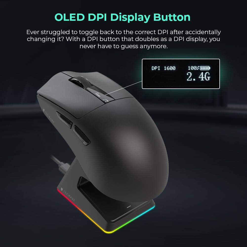 **OLED DPI Display Button**

Ever struggled to toggle back to the correct DPI after accidentally changing it? With a DPI button that doubles as a DPI display, you never have to guess anymore.

- DPI 1600
- 100%
- 2.4G