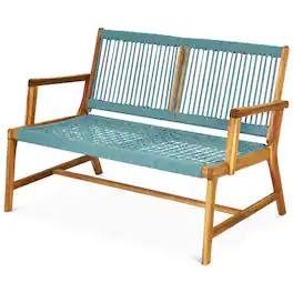 Costway - 2-Person Patio Acacia Wood Bench Loveseat Chair Porch Garden Furniture - Turquoise