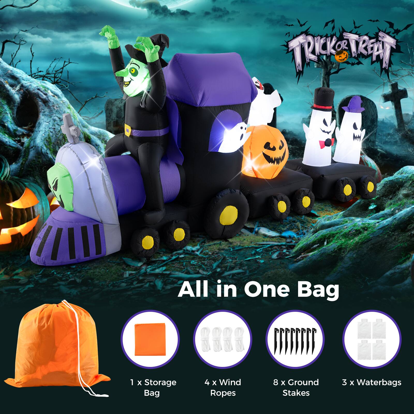 Trick or Treat All in One Bag: 1 x Storage Bag, 4 x Wind Ropes, 8 x Ground Stakes, 3 x Waterbags
