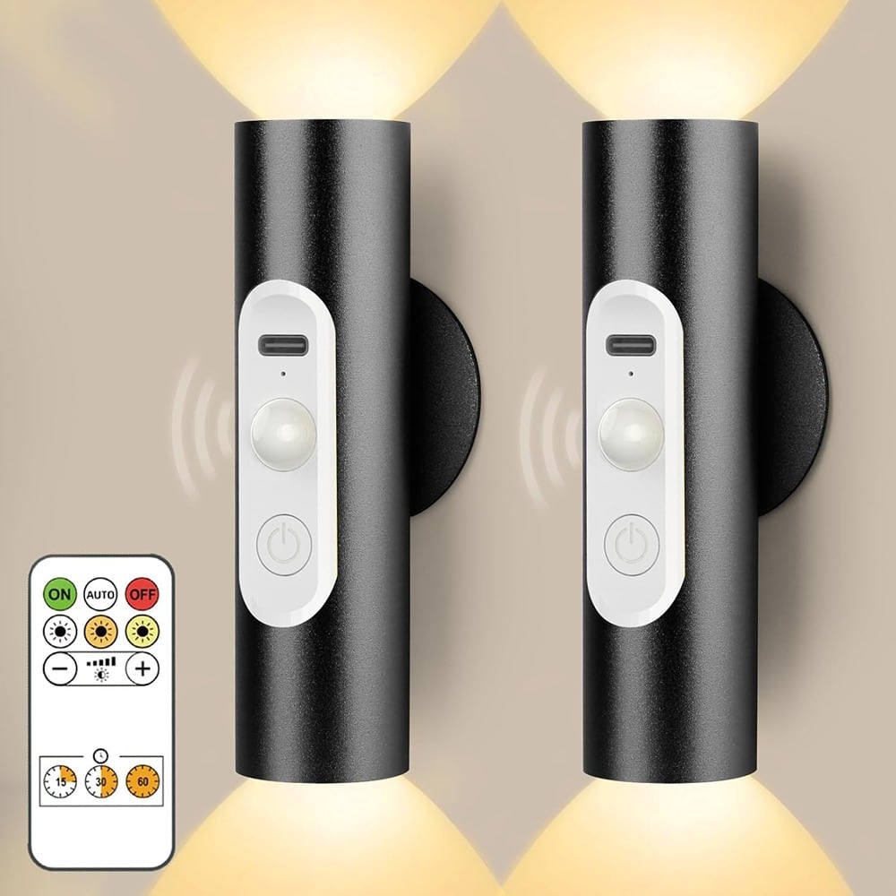 RTMB - Battery Wall Sconce 2-Pack, Magnetic Rechargeable Motion-Sensor Lights - Black