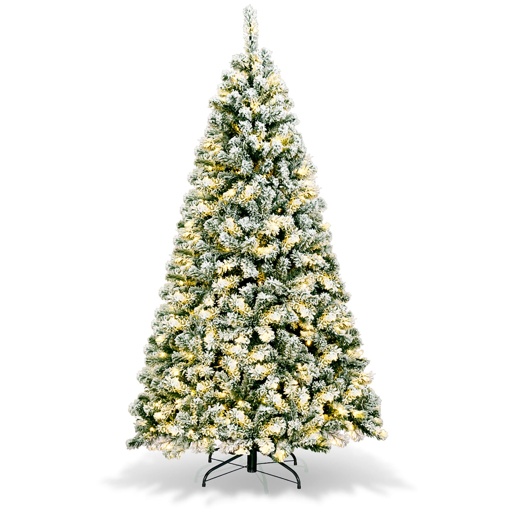 Costway - 6Ft Pre-Lit Premium Snow Flocked Hinged Artificial Christmas Tree w/ 250 Lights - Green/White