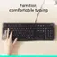 Familiar, comfortable typing with a Logitech keyboard. Esc, F1, F2, F3, F4, F5, F6, F7, F8, F9, F10, F11, F12, and function keys 1 through 12. Additionally, the keyboard has a backspace, forward delete, and page up/down keys.