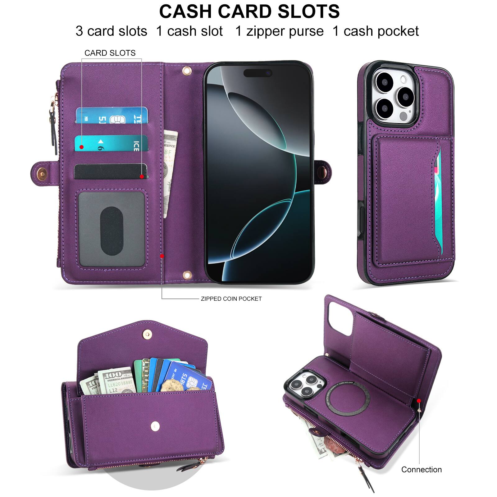 CASH CARD SLOTS  
3 card slots  
1 cash slot  
1 zipper purse  
1 cash pocket  

CARD SLOTS  

ZIPPED COIN POCKET  

Connection  

LL620188F  
L12  
BTS