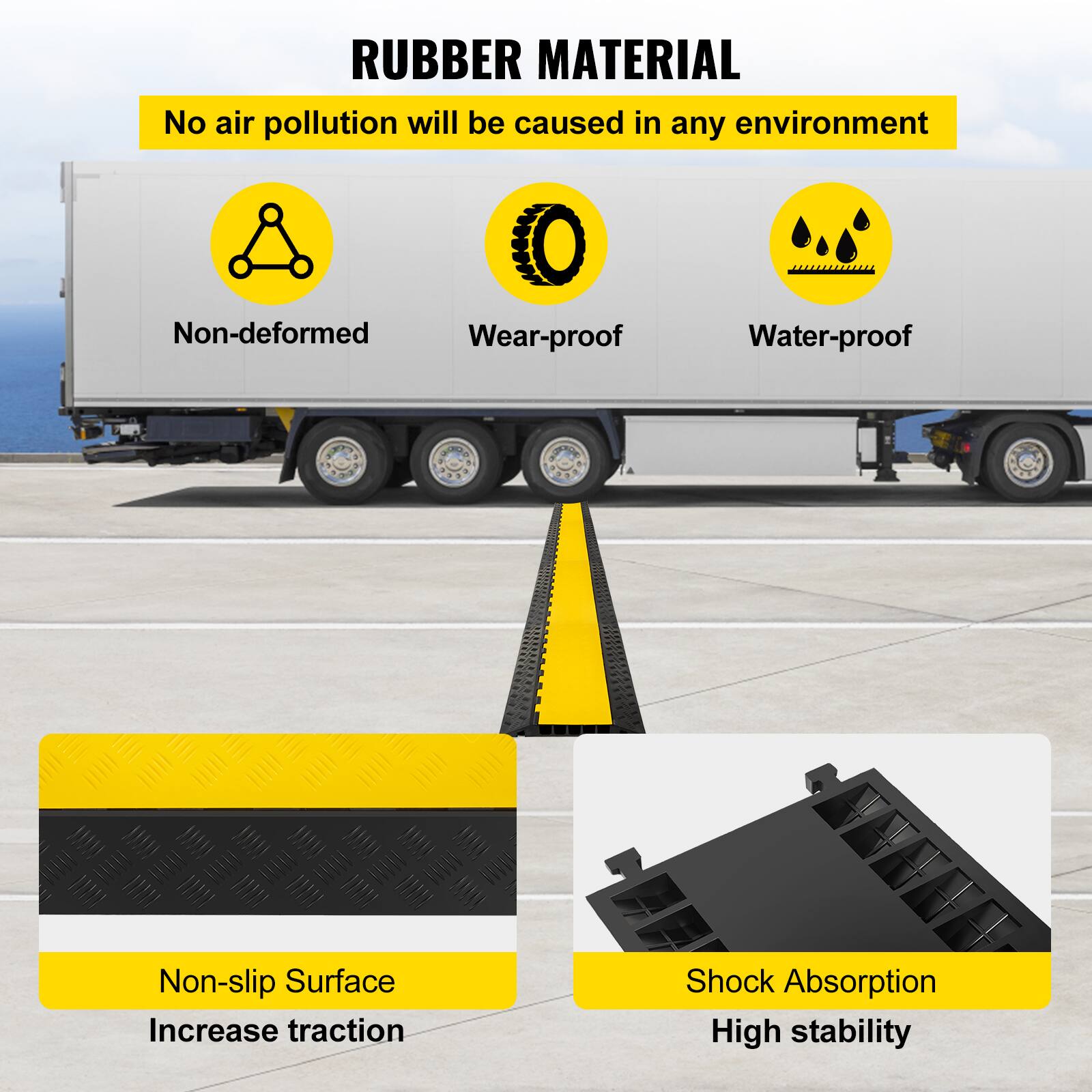 Rubber Material

No air pollution will be caused in any environment

Non-deformed
Wear-proof
Water-proof

Non-slip Surface
Increase traction

Shock Absorption
High stability