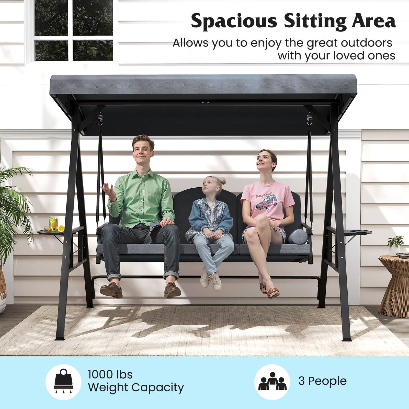Spacious Sitting Area  
Allows you to enjoy the great outdoors with your loved ones  

1000 lbs Weight Capacity  
3 People