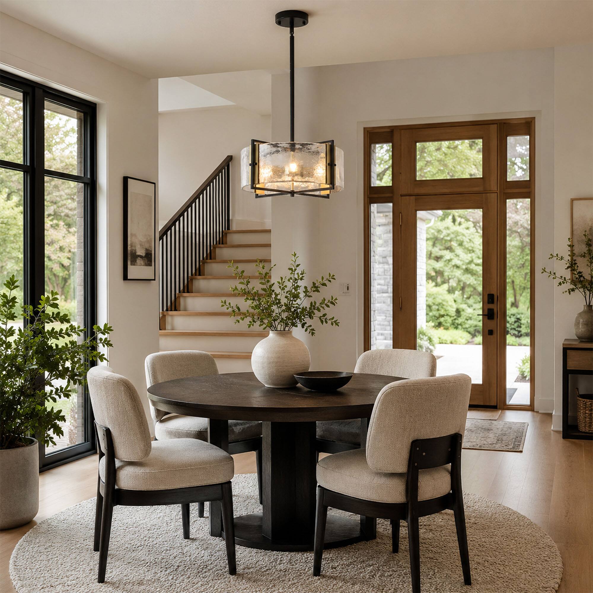 Angle. RYHNUYNE - Modern Farmhouse 4-Light Black Chandelier, Adjustable Dimmable Pendant Light for Dining Room, Kitchen Island, Entryway - Black.