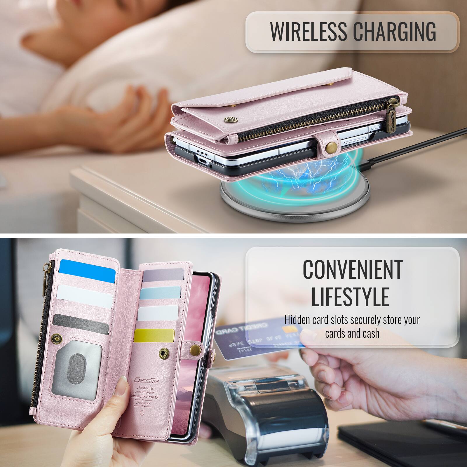 WIRELESS CHARGING

CONVENIENT LIFESTYLE
Hidden card slots securely store your CARD CREDIT cards and cash

678 PEEL 3456 SIOP 7119822

Casche  Dessom/dream Spicy prostate 50