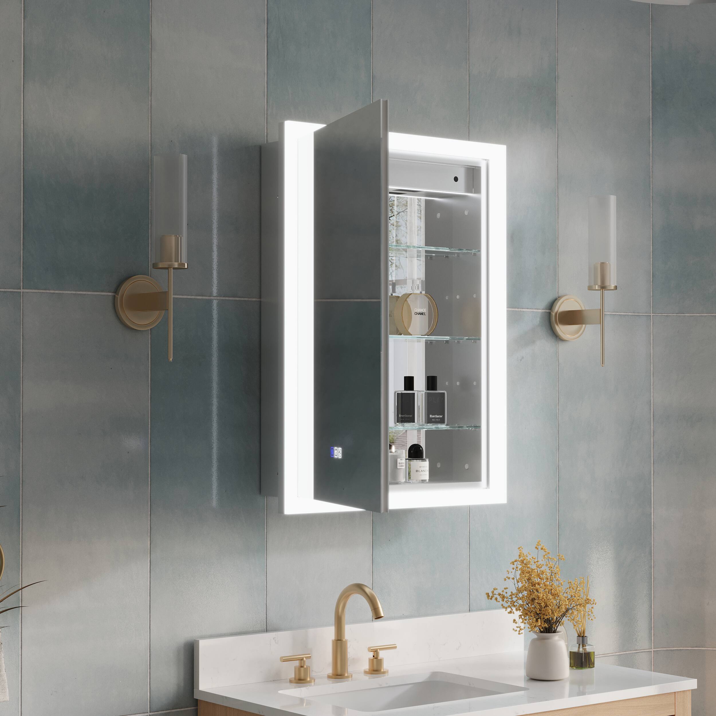 Back. WELLFOR - 24 in. W x 32 in. H Rectangular Surface or Recessed Mount Aluminum Medicine Cabinet with Mirror and Lighted-Left Open - Silver.