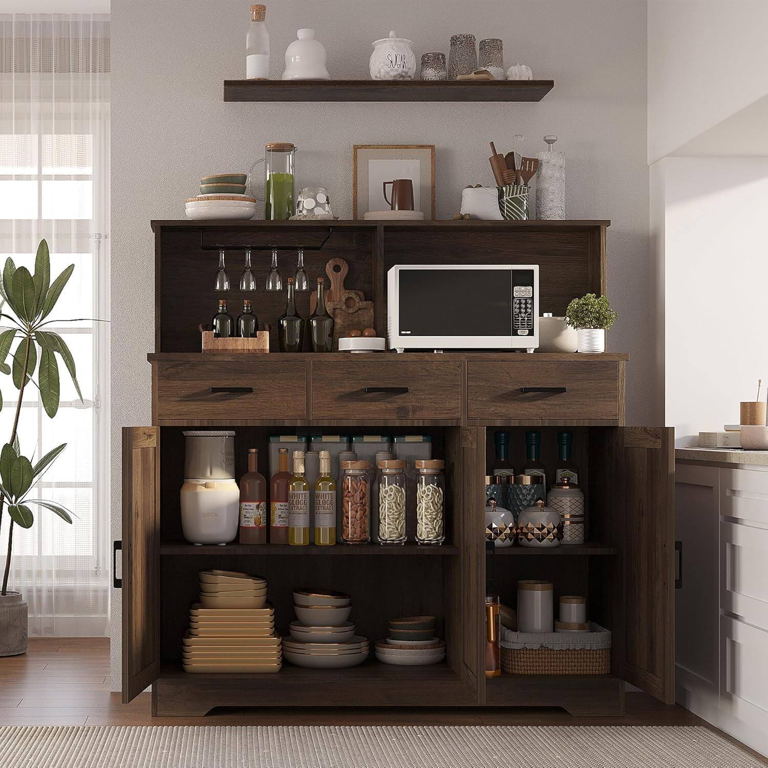 Alt View 2. Jojoka - Farmhouse Sideboard Buffet with Microwave Stand,Varied Storage with Drawers - Brown.