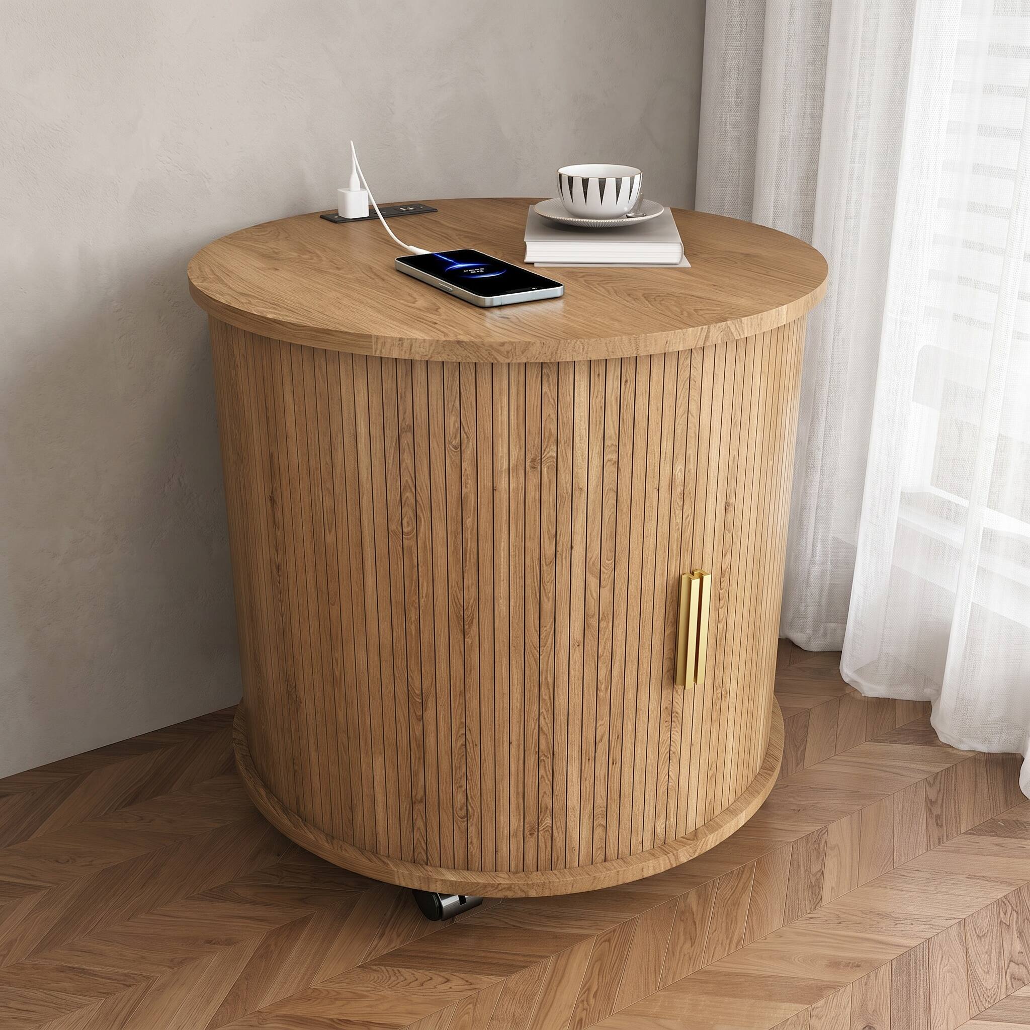Alt View 10. Forest'nSky - Oak Modern Cylinder End Table with Built-in Charging Station & Sliding Door, 2-Tier Storage Round Nightstand Set of 2 - Oak.