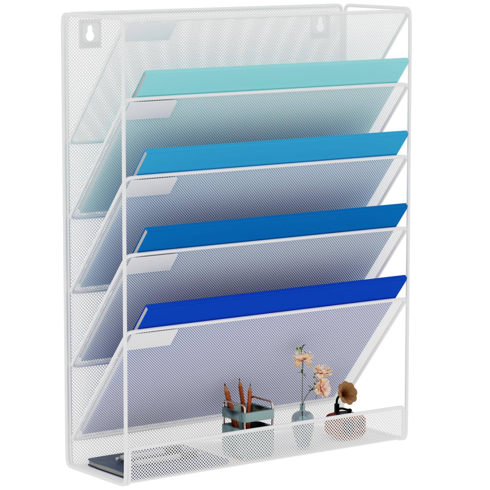 Front. Dapper Styles - Wall File Organizer Holder Mesh Hanging Paper Document Vertical 6 Pocket Tier For Office Home - White-6 Tier Ver.B.