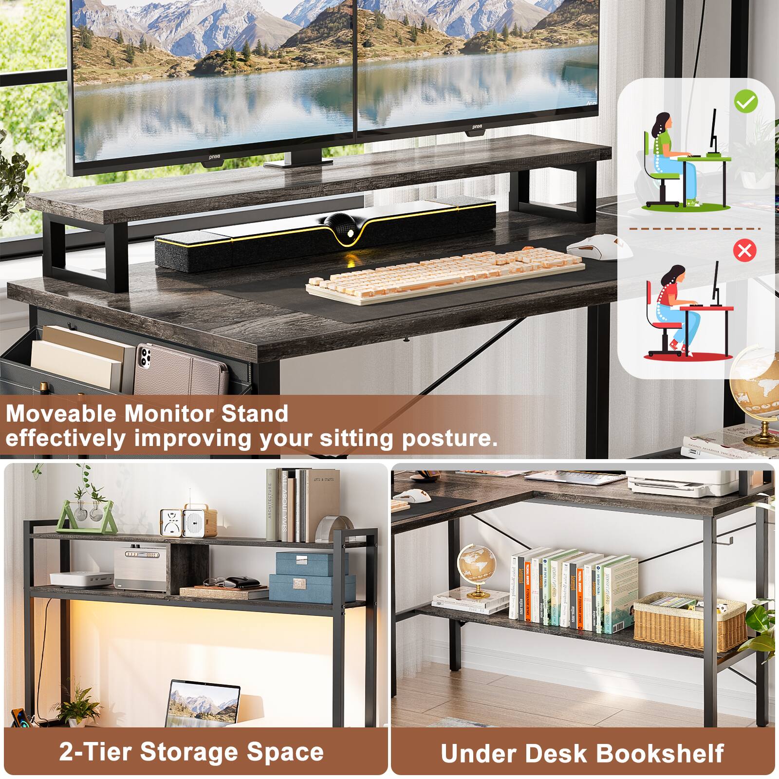 - Moveable Monitor Stand effectively improving your sitting posture.
- 2-Tier Storage Space Under Desk Bookshelf
