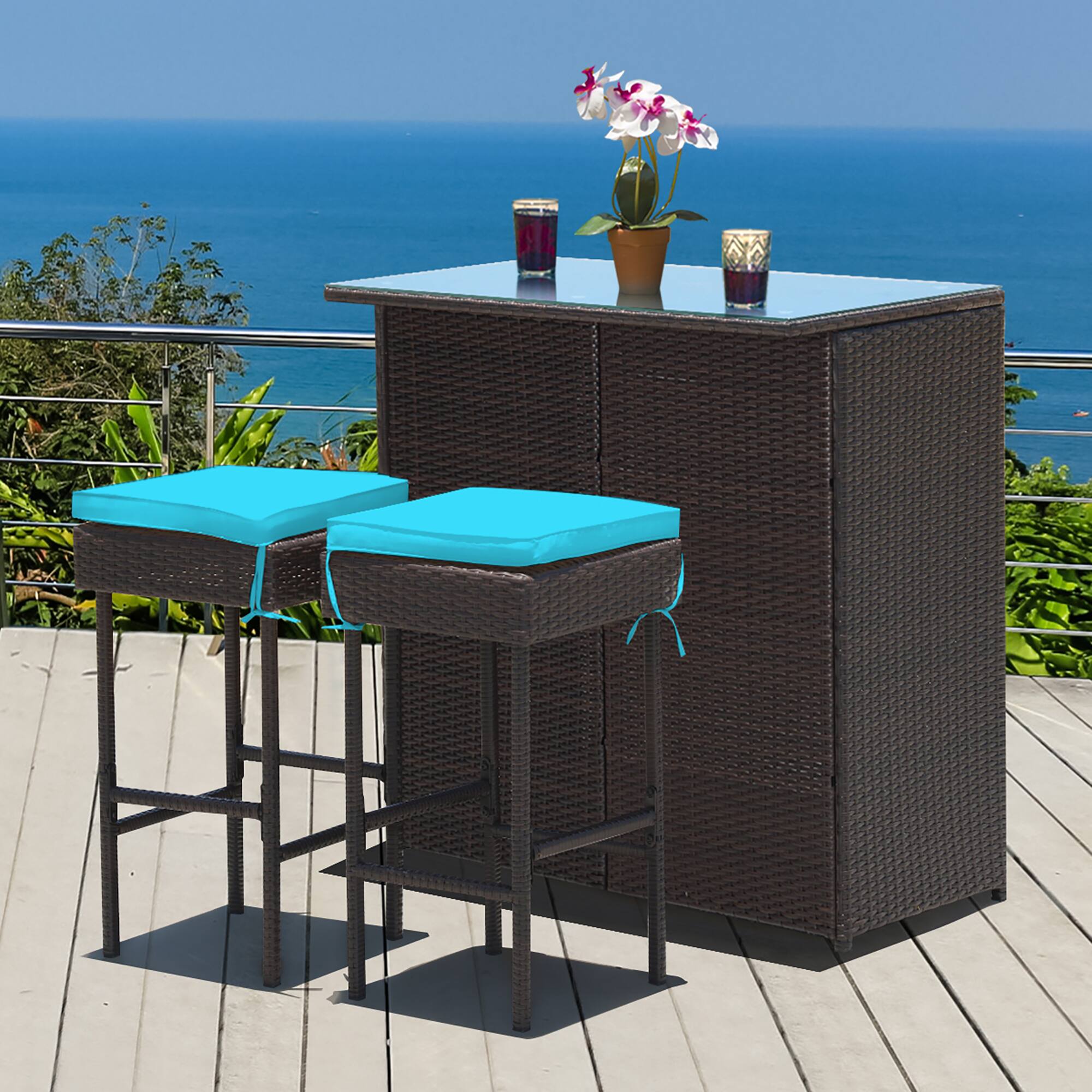 Alt View 4. Costway - 3PCS Patio Rattan Wicker Bar Table Stools Dining Set Cushioned Chairs - Mixed Brown/turquoise.