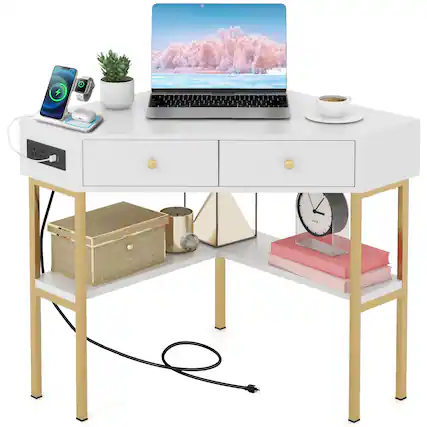 Front. Ecooso - Space-Saving Corner Desk with 2 Drawers, Compact Computer Workstation for Small Room - White.