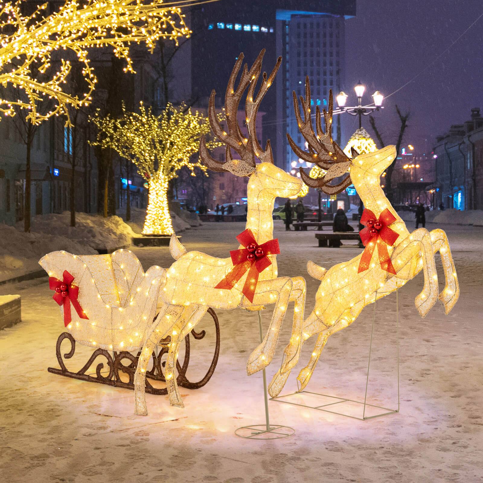 Alt View 4. Costway - Costway 3PCS Christmas Lighted Reindeer Sleigh Set with 280 White LED Lights Ground Stakes - Multicolor.