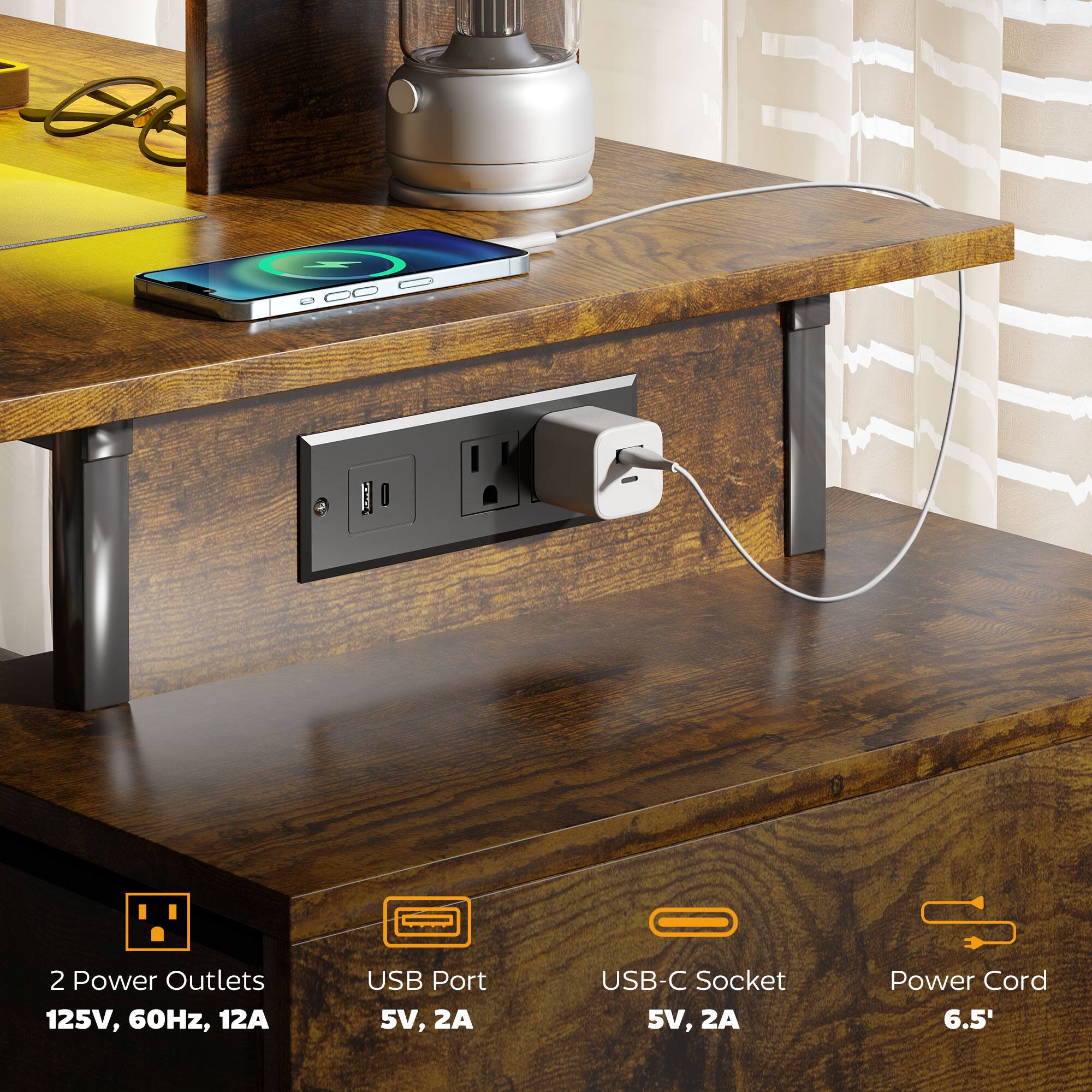 2 Power Outlets 125V, 60Hz, 12A
USB Port 5V, 2A
USB-C Socket 5V, 2A
Power Cord 6.5'