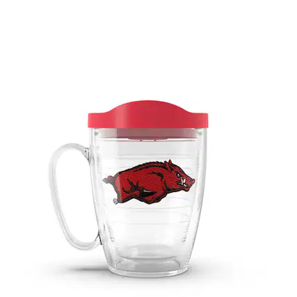 Front. Tervis - Arkansas Razorbacks 16oz. Emblem Classic Mug with Lid - Multicolor.