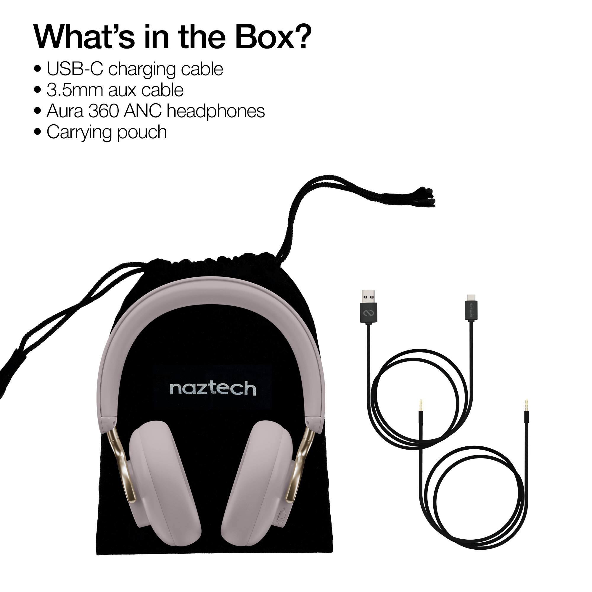 What's in the Box?

- USB-C charging cable
- 3.5mm aux cable
- Aura 360 ANC headphones
- Carrying pouch