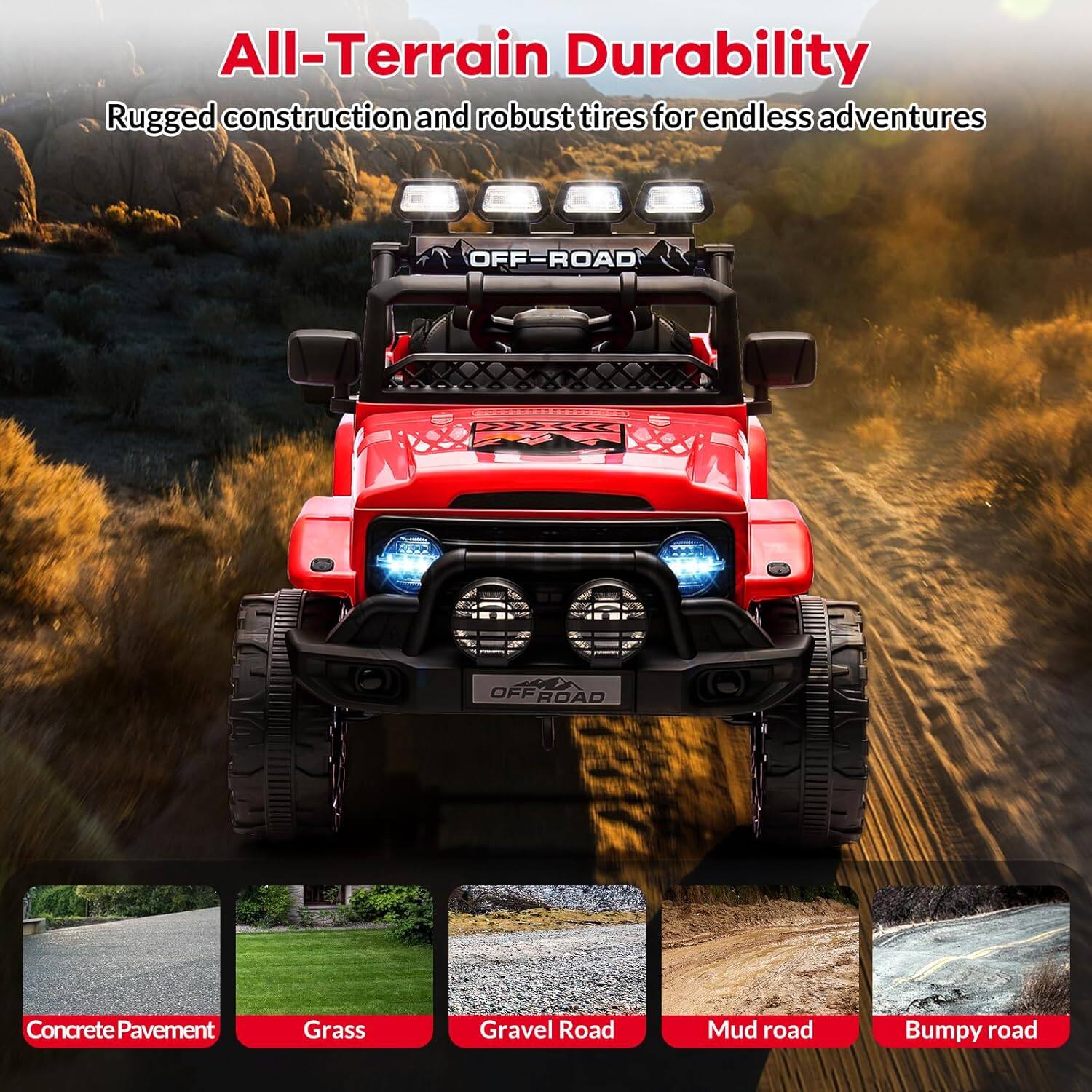 All-Terrain Durability  
Rugged construction and robust tires for endless adventures  

Concrete Pavement  
Grass  
Gravel Road  
Mud road  
Bumpy road