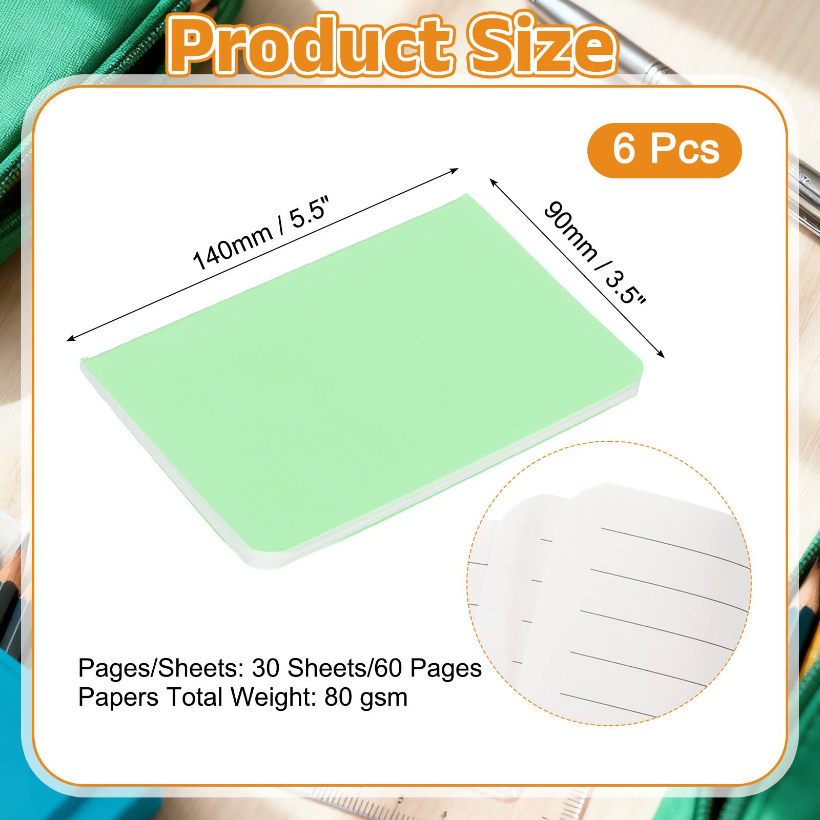 Product Size: 5.5" x 3.5" (140mm x 90mm)  
6 Pcs  
Pages/Sheets: 30 Sheets/60 Pages  
Papers Total Weight: 80 gsm