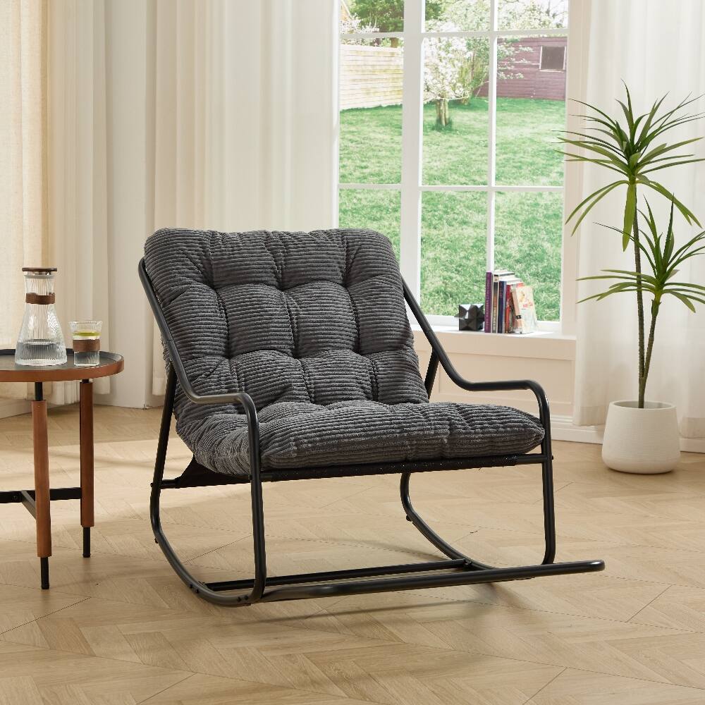 Angle. Loheer - Loheer Outdoor Rocking Chair with Thick Grey Cushion Modern Metal Frame Patio Seating for Adults Living Room Bedroom - Grey.