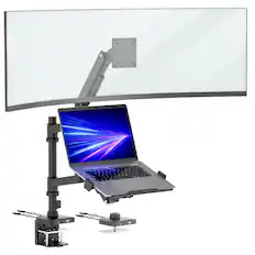 Front. Mount-It! - Monitor and Laptop Desk Mount with Pole, Gas Spring Arms, USB-C, Fits Up to 49 Inch Monitor - Black.