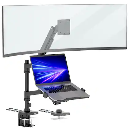 Front. Mount-It! - Monitor and Laptop Desk Mount with Pole, Gas Spring Arms, USB-C, Fits Up to 49 Inch Monitor - Black.
