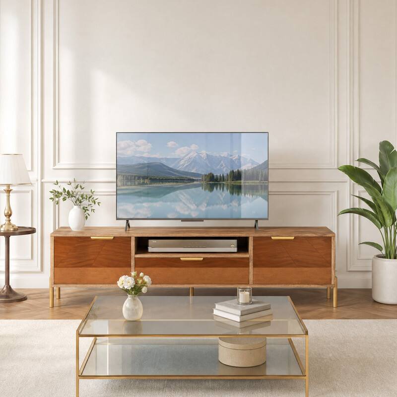 Angle. WELLFOR - Mirrored TV Stand for TV up to 65" with 2 Storage Cabinets & Drawer, Media Console Table Entertainment Centre - Natural.