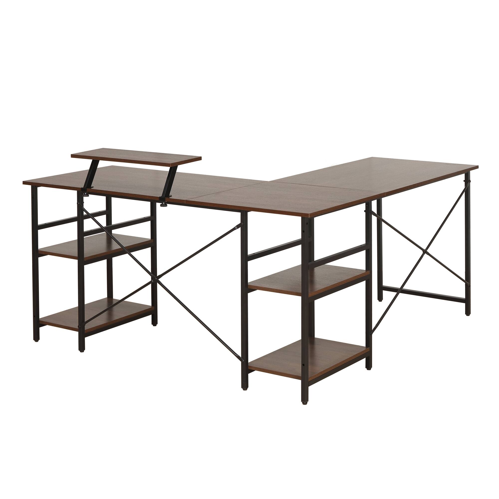 Alt View 8. GOODSILO - Reversible L-Shaped Industrial Computer Desk with Storage Shelves and Monitor Stand - Walnut.