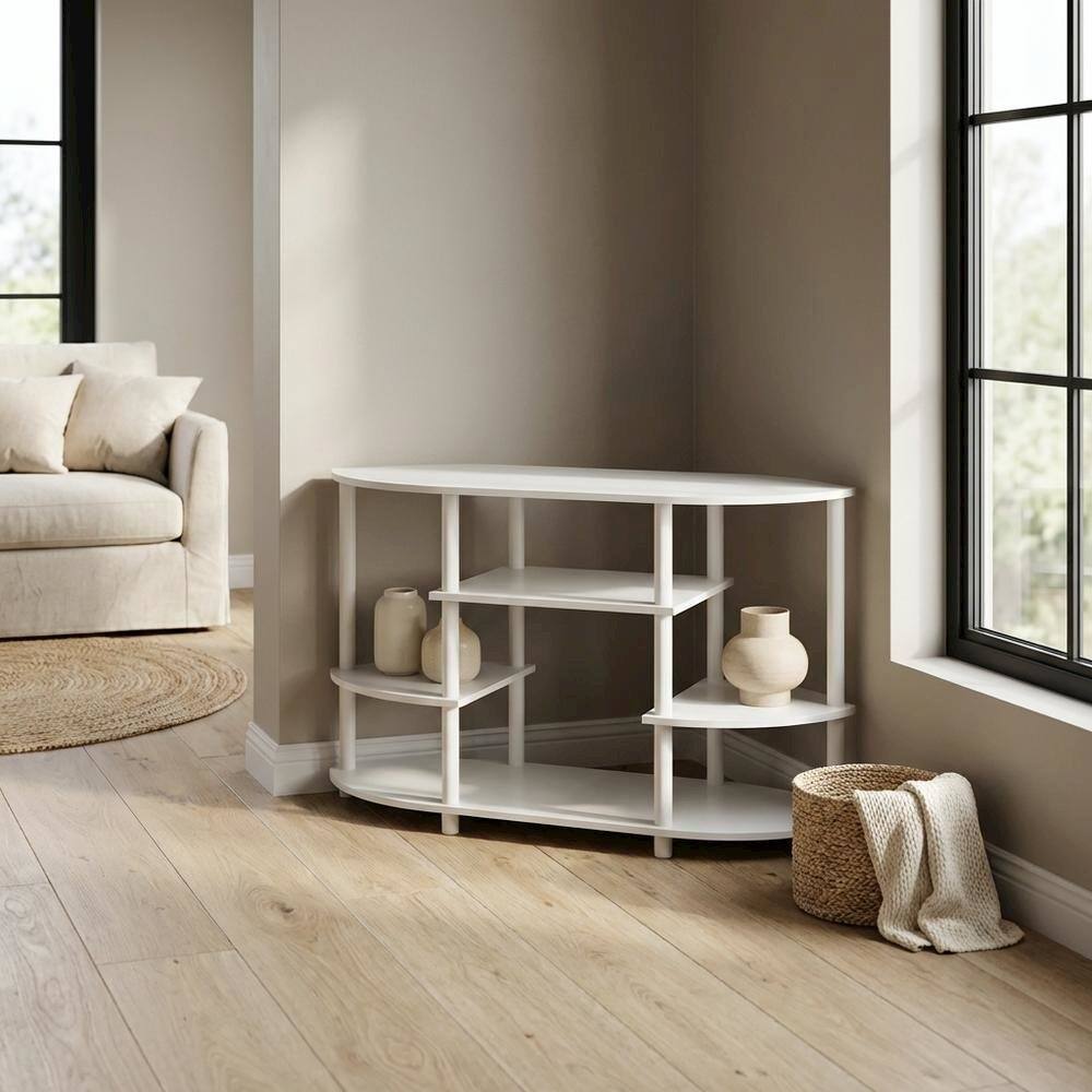 Alt View 2. FurniFact - White Corner TV Stand with Solid Rubberwood and Walnut Veneers, Modern Design - White.