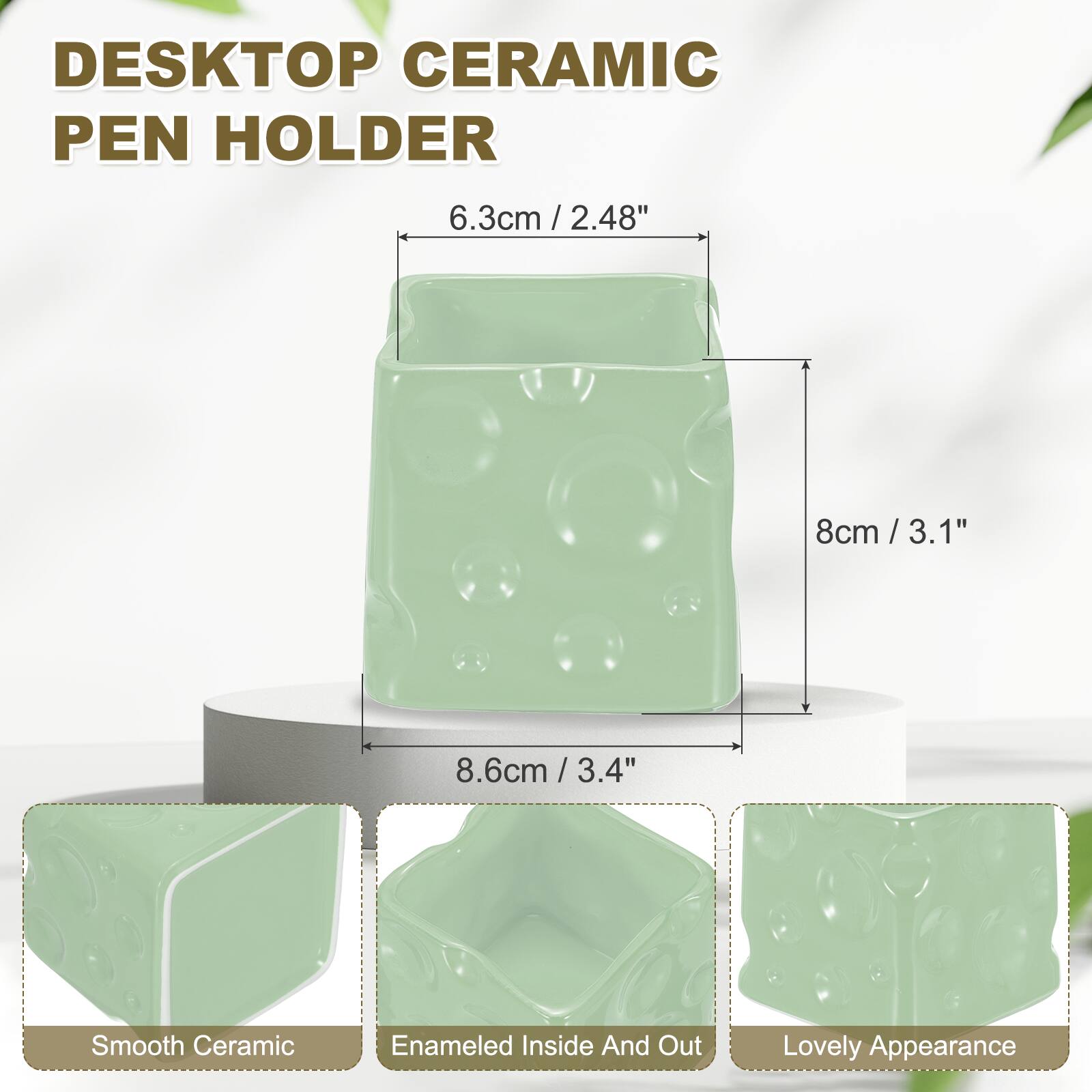 DESKTOP CERAMIC PEN HOLDER

6.3cm / 2.48"  
8cm / 3.1"  
8.6cm / 3.4"  

Smooth Ceramic  
Enamelled Inside And Out  
Lovely Appearance
