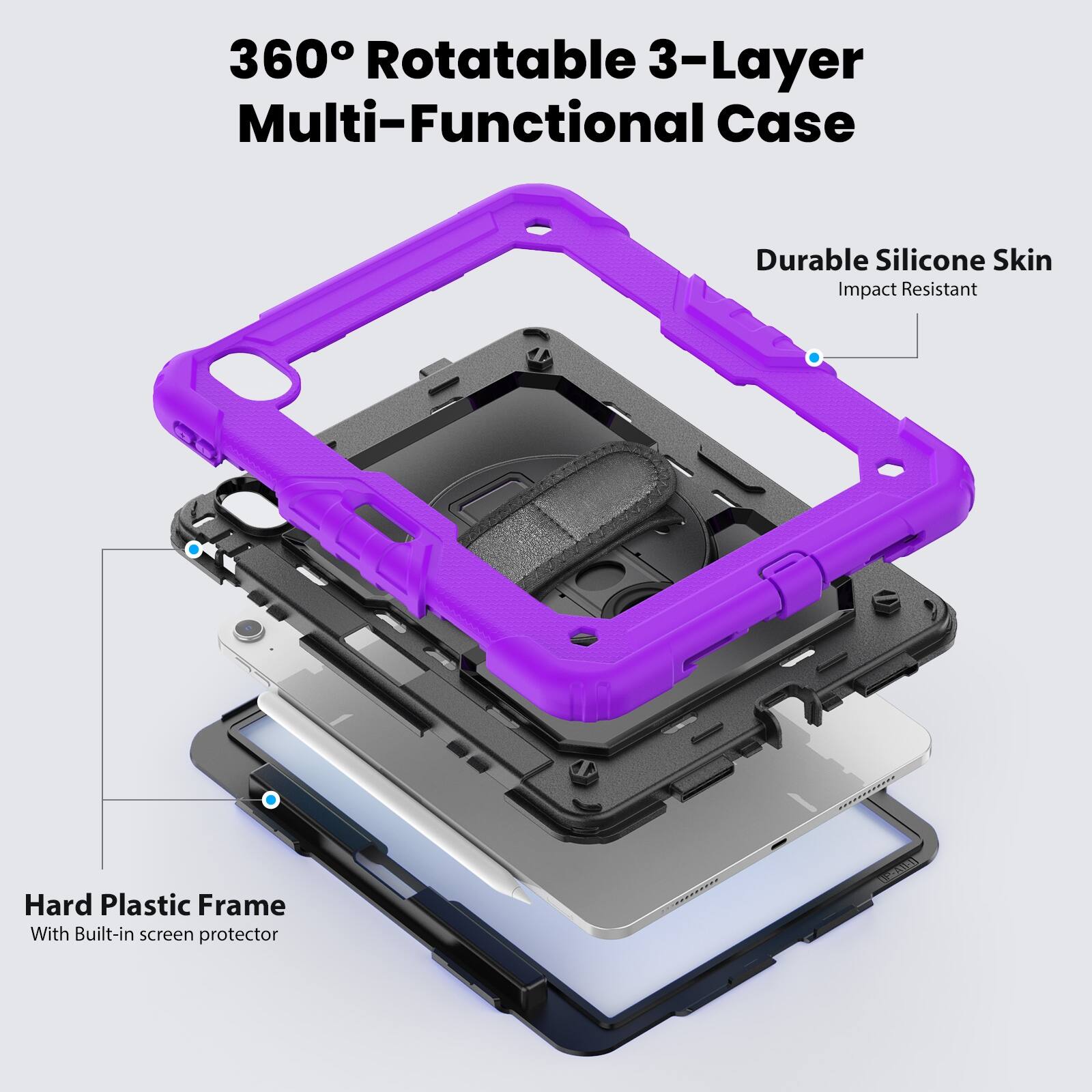 360° Rotatable 3-Layer Multi-Functional Case

Durable Silicone Skin
Impact Resistant

Hard Plastic Frame
With Built-in screen protector