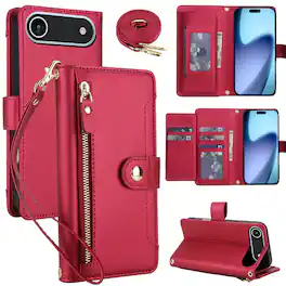 Dteck - Crossbody Zipper Wallet Case for Apple iPhone Air,Faux Leather Magnetic Closure Flip Credit Card Holder Cover+Lanyard - Red